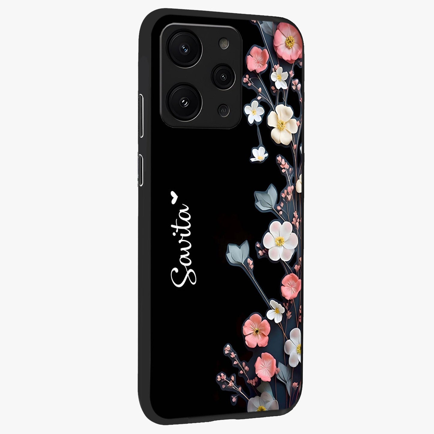 Black Elegance Floral Custom Name Glass Case upright view showcasing luxurious black floral design with personalized name detail.