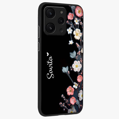 Black Elegance Floral Custom Name Glass Case upright view showcasing luxurious black floral design with personalized name detail.