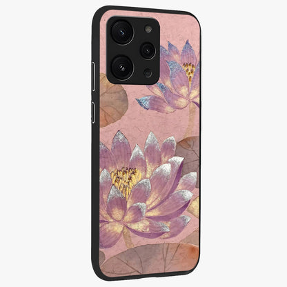 Blossom Mist Lotus Glass Case upright view showcasing graceful lotus flower design with peaceful botanical style.