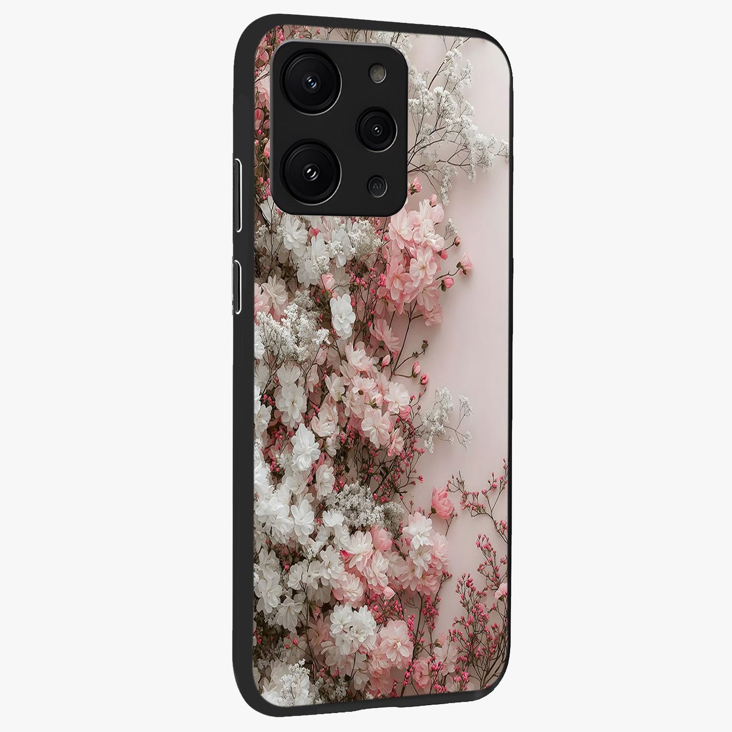 Blush Blossom Cloud Glass Case upright view showcasing calm floral cloud artwork with gentle dreamy theme.