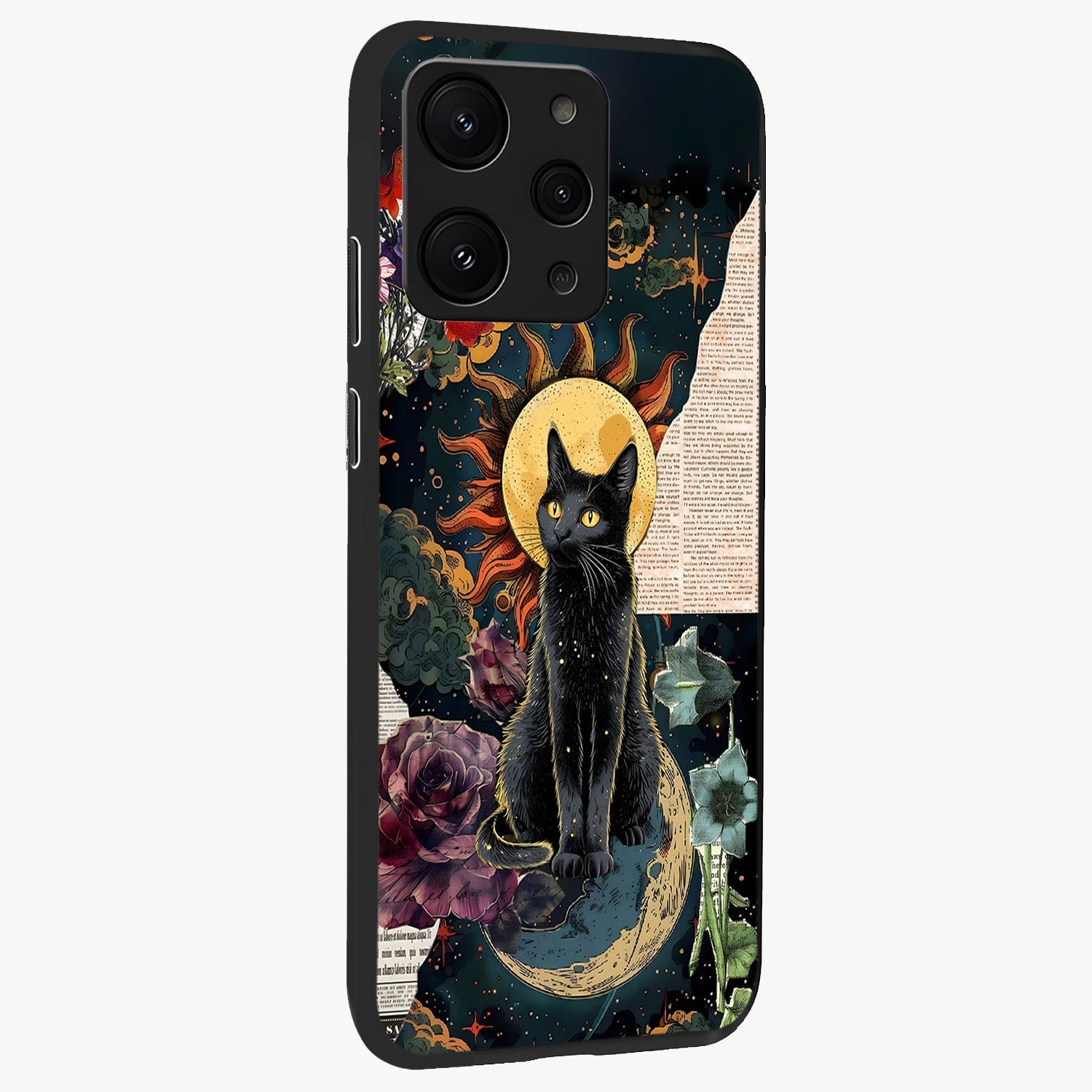Celestial Black Cat Glass Case upright view showcasing magical black cat illustration with starry cosmic theme.