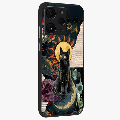 Celestial Black Cat Glass Case upright view showcasing magical black cat illustration with starry cosmic theme.