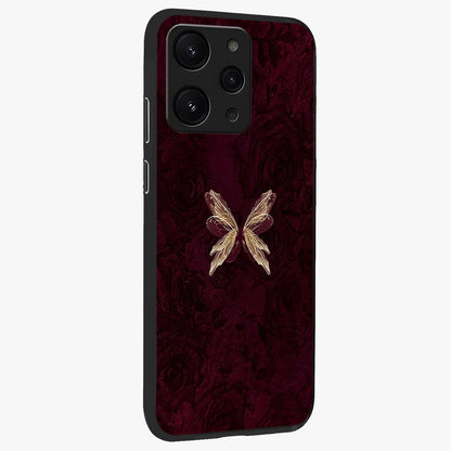 Crimson Fade Butterfly Glass Case upright view showcasing graceful butterfly artwork with soft crimson fade effect.