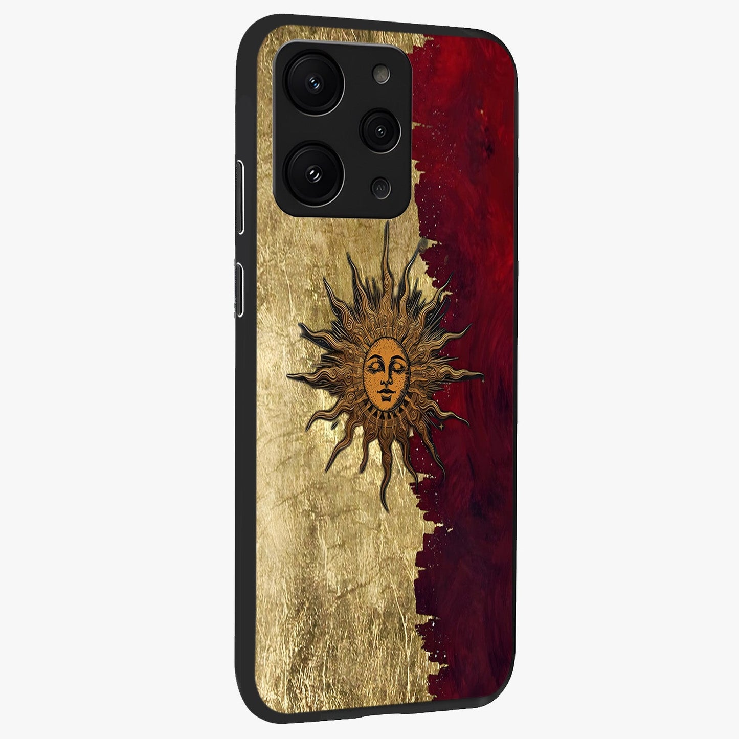 Crimson Sun Majesty Glass Case upright view showcasing vibrant sun artwork with powerful celestial theme.