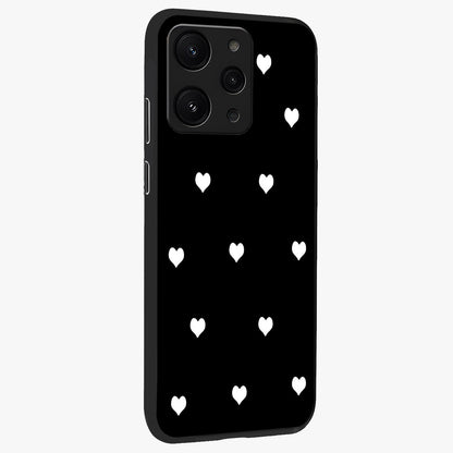 Cute And Simple White Hearts Glass Case upright view showcasing simple white hearts artwork with soft minimal theme.