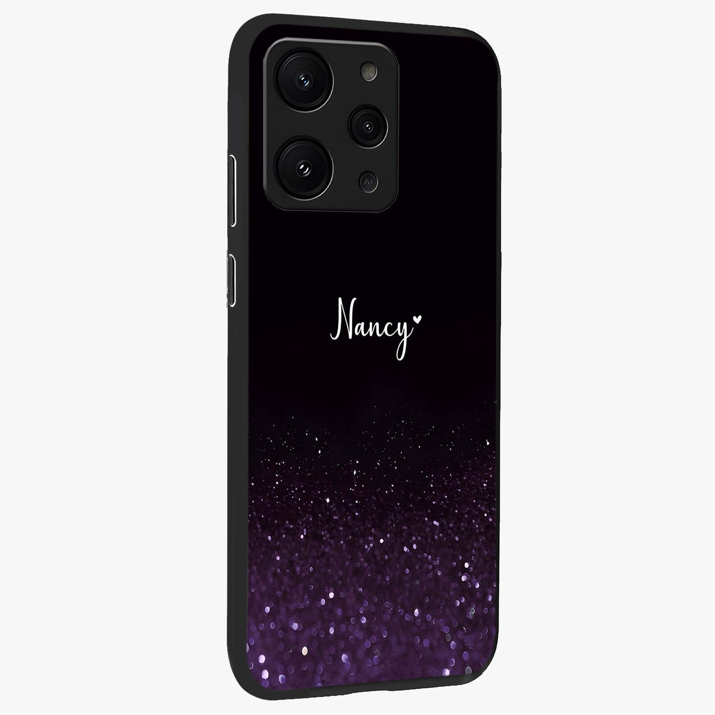 Glittery Purple Bokeh Custom Name Glass Case upright view showcasing vibrant purple sparkle artwork with personalized aesthetic style.