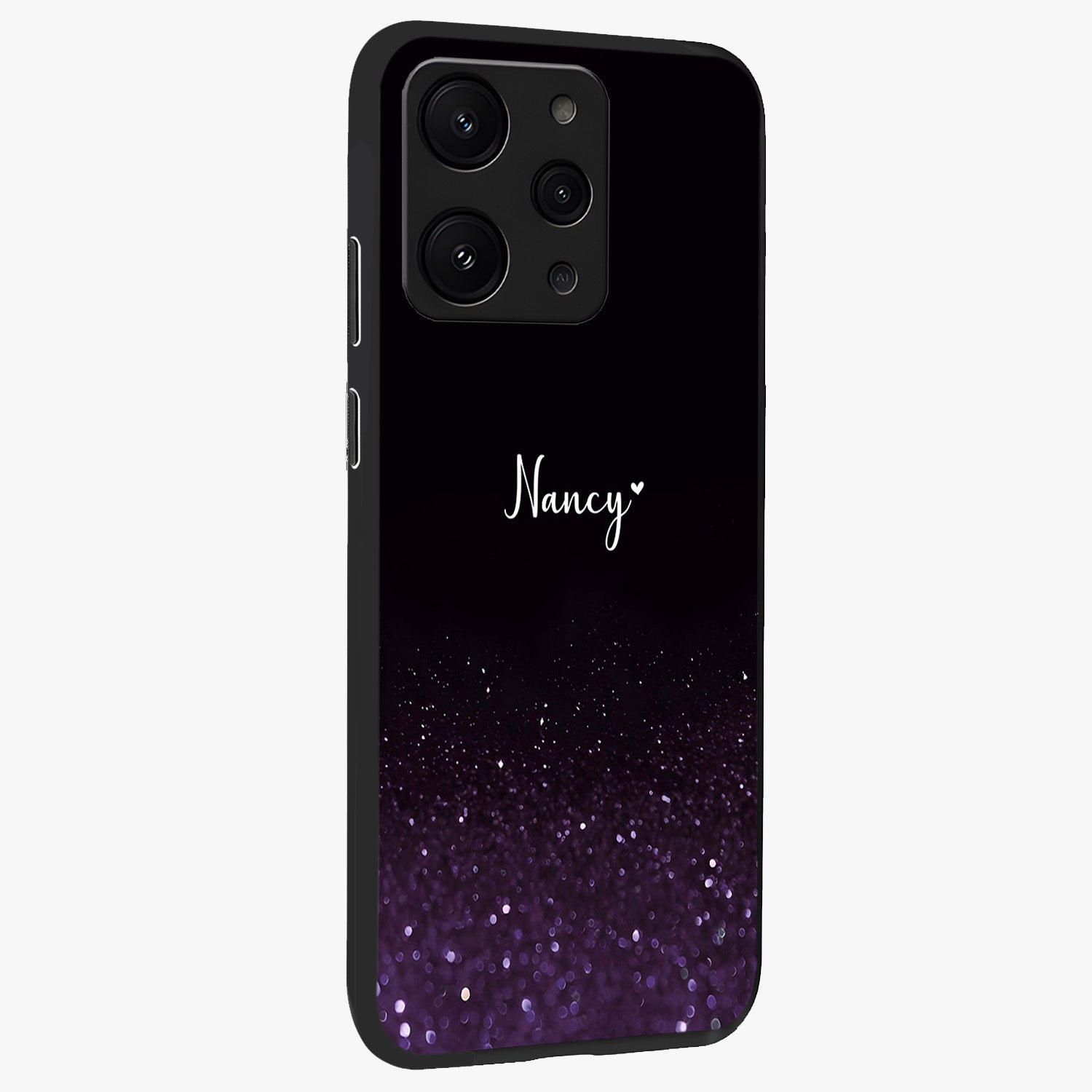 Glittery Purple Bokeh Custom Name Glass Case upright view showcasing vibrant purple sparkle artwork with personalized aesthetic style.