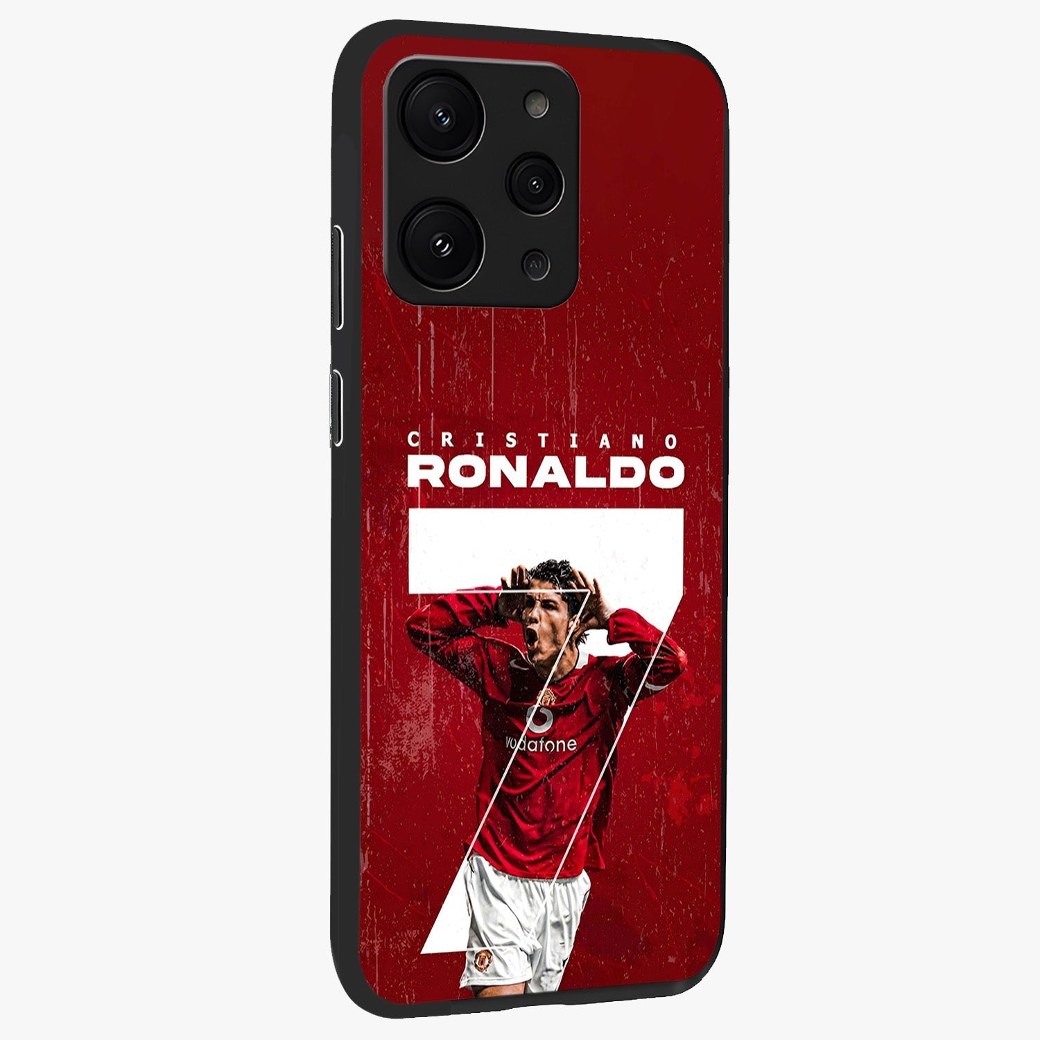 Goal Celebration Legacy Glass Case upright view showcasing dynamic football inspired artwork with victory celebration aesthetic.