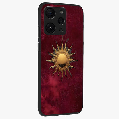 Golden Sun Minimalism Glass Case upright view showcasing simple golden sun artwork with elegant minimalist style.