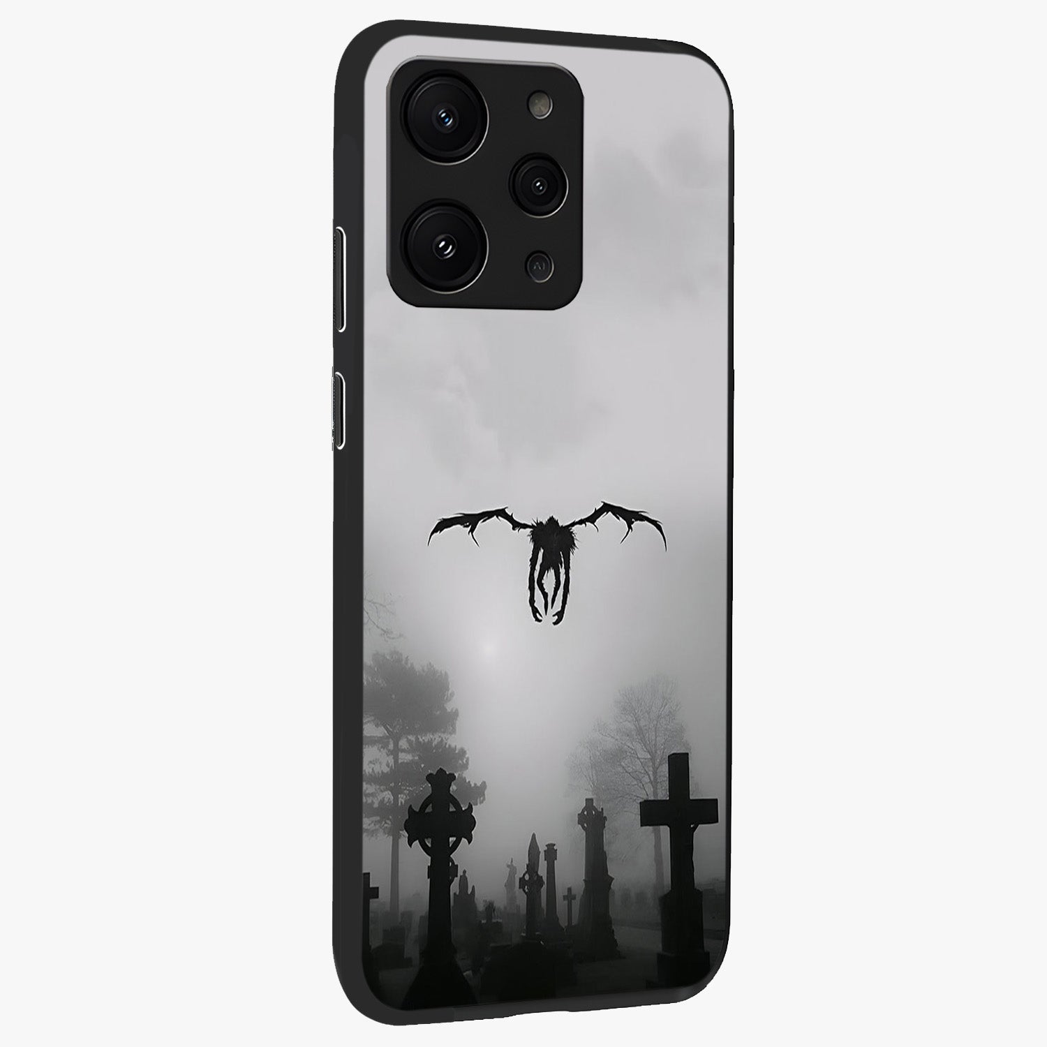 Graveyard Shadow Descent Glass Case upright view showcasing haunting graveyard artwork with dramatic dark theme.