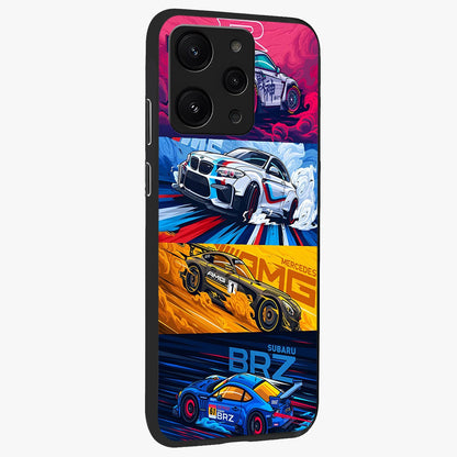 JDM Sports Car Glass Case upright view showcasing dynamic sports car artwork with bold racing theme.