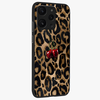 Leopard Wild Cherry Glass Case upright view showcasing stylish leopard pattern artwork with trendy fashion theme.