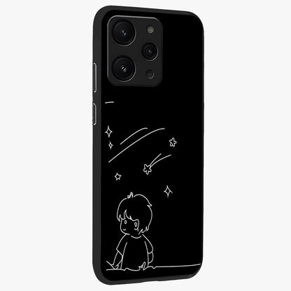 Line Art Boy With Shooting Stars Glass Case upright view showcasing artistic shooting star illustration with minimal style.
