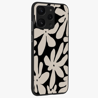 Monochrome Petal Dance Glass Case upright view showcasing artistic floral pattern with stylish monochrome theme.