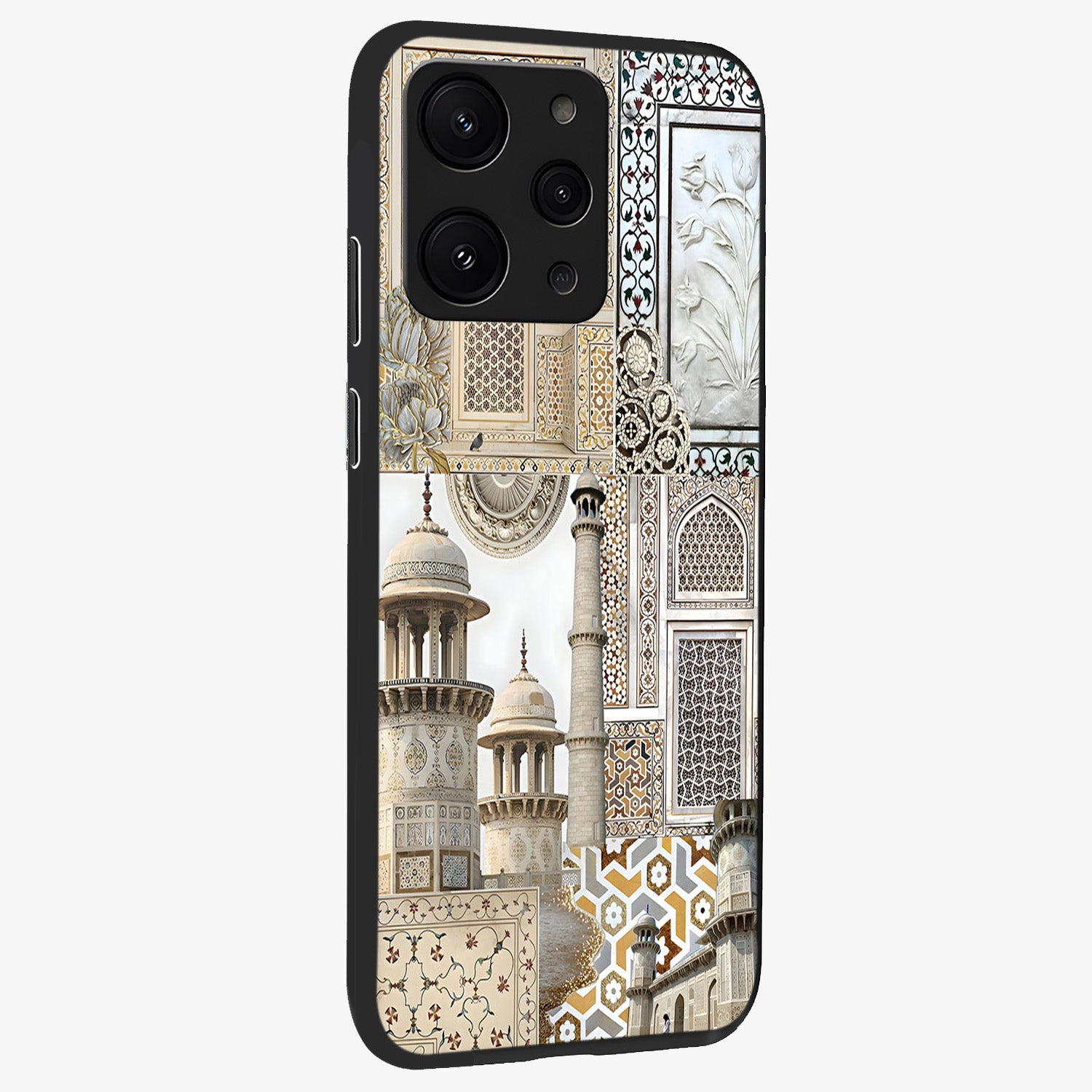 Mughal Marble Legacy Glass Case upright view showcasing ornate Mughal design with luxurious traditional theme.