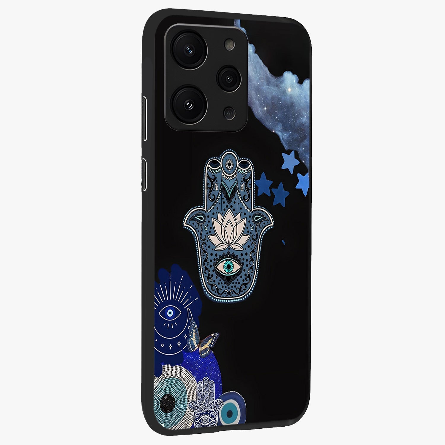 Mystic Hand Aura Glass Case upright view showcasing symbolic hand artwork with mystical energy theme.