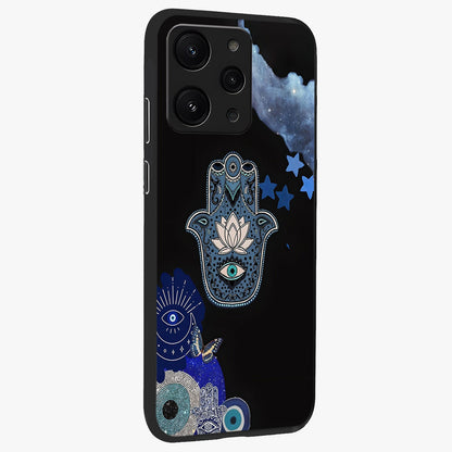 Mystic Hand Aura Glass Case upright view showcasing symbolic hand artwork with mystical energy theme.