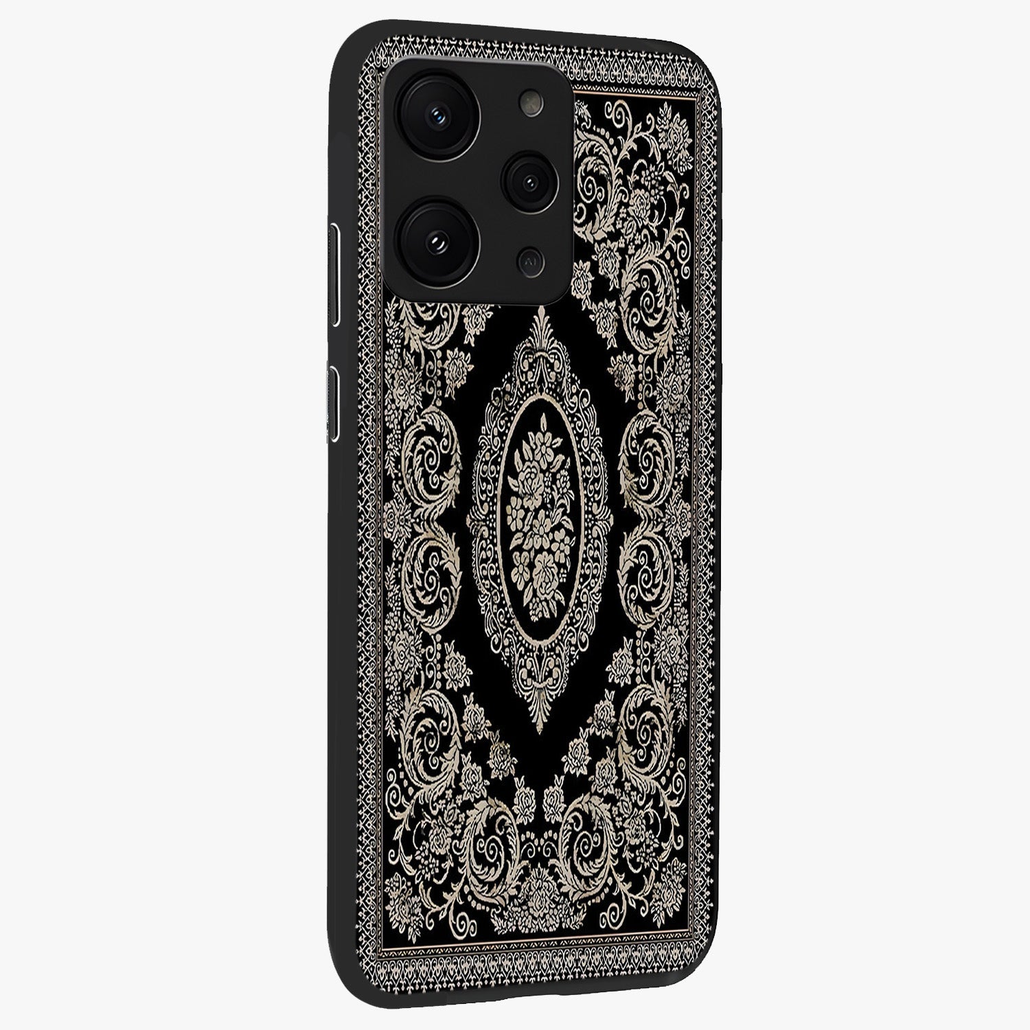 Noir Bloom Elegance Glass Case upright view showcasing graceful floral artwork with luxurious dark theme.