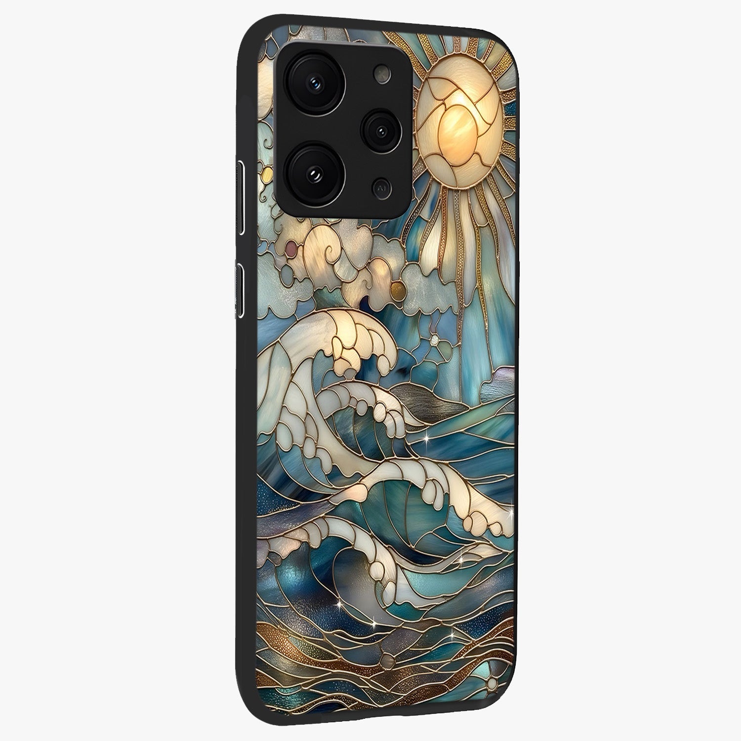 Oceanic Stained Printed Glass Case upright view showcasing decorative ocean pattern artwork with vibrant marine theme.