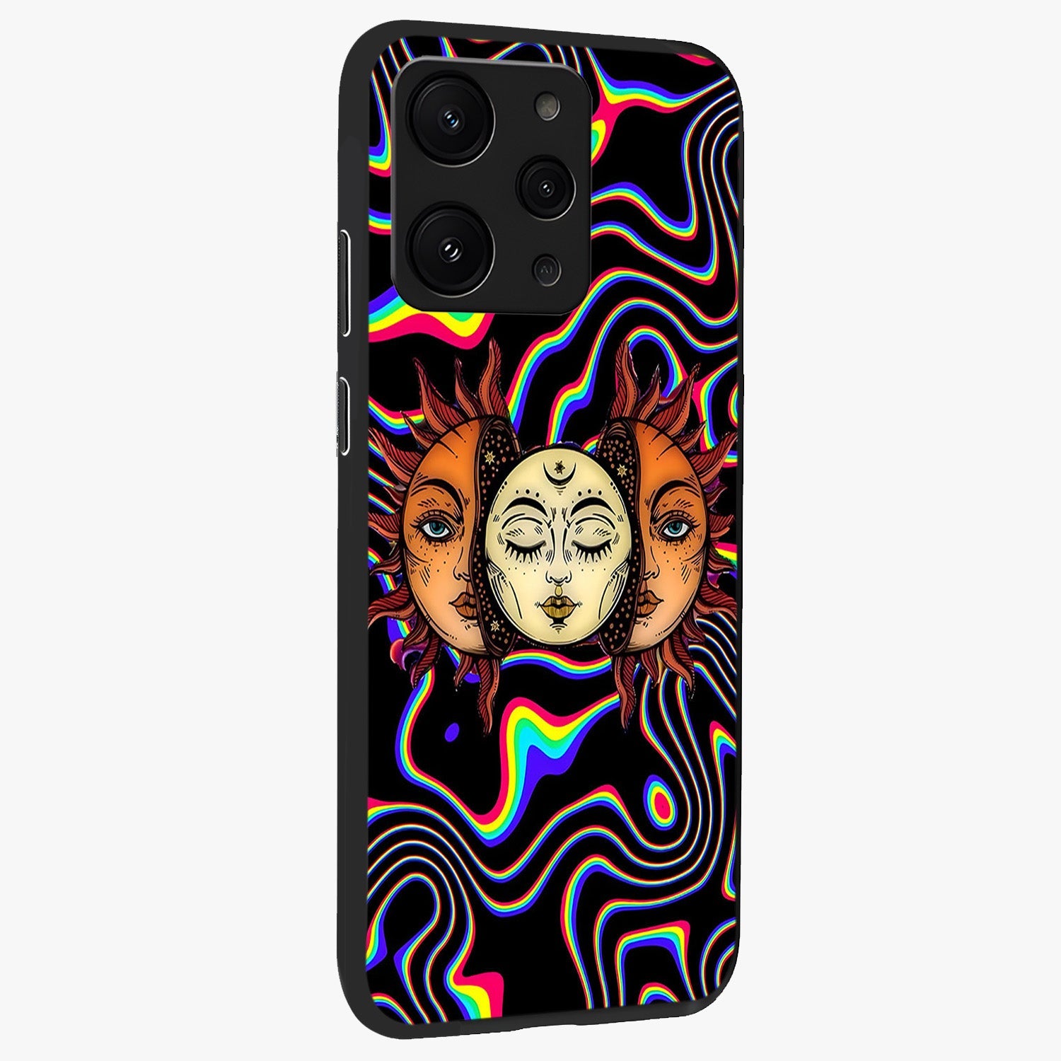 Psychedelic Sun Glass Case upright view showcasing trippy sun artwork with bold psychedelic theme.