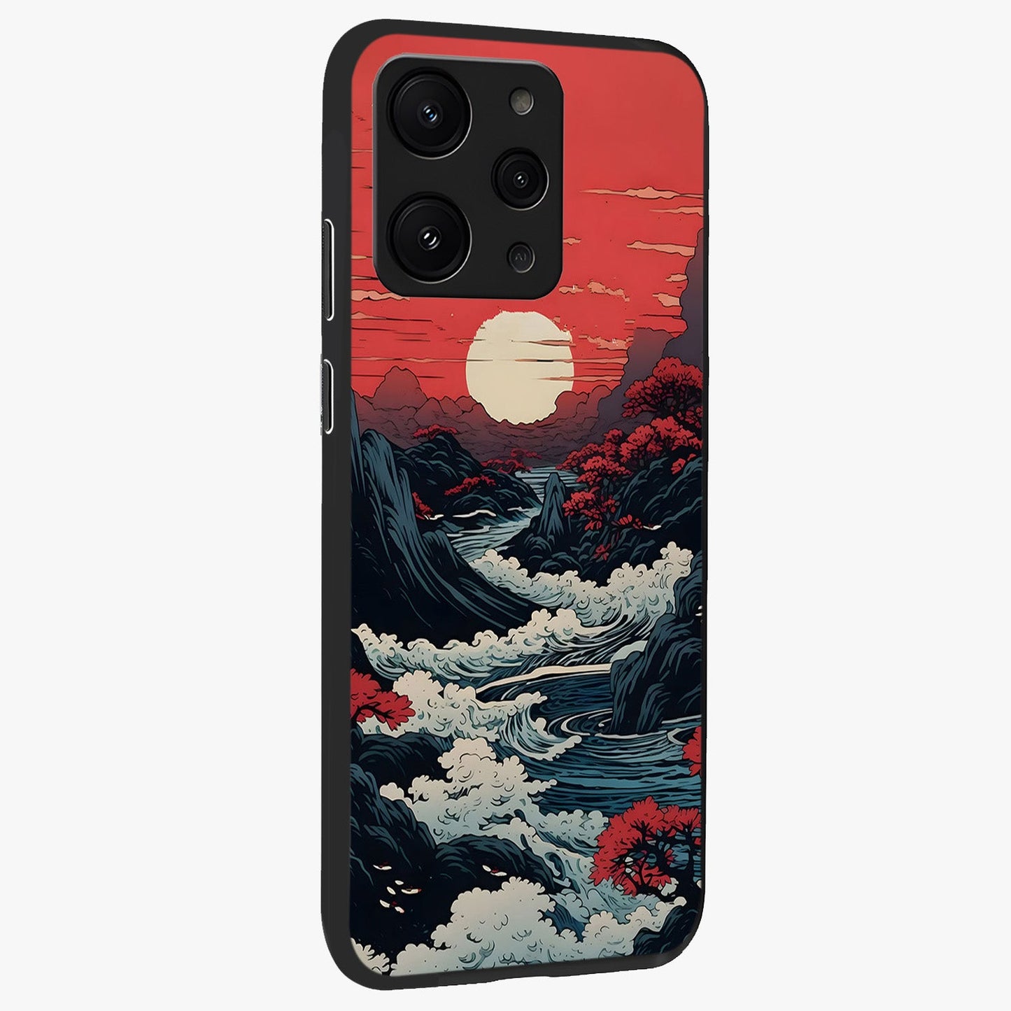 Red Sunset Scenery Glass Case upright view showcasing dramatic sunset scenery artwork with warm nature theme.