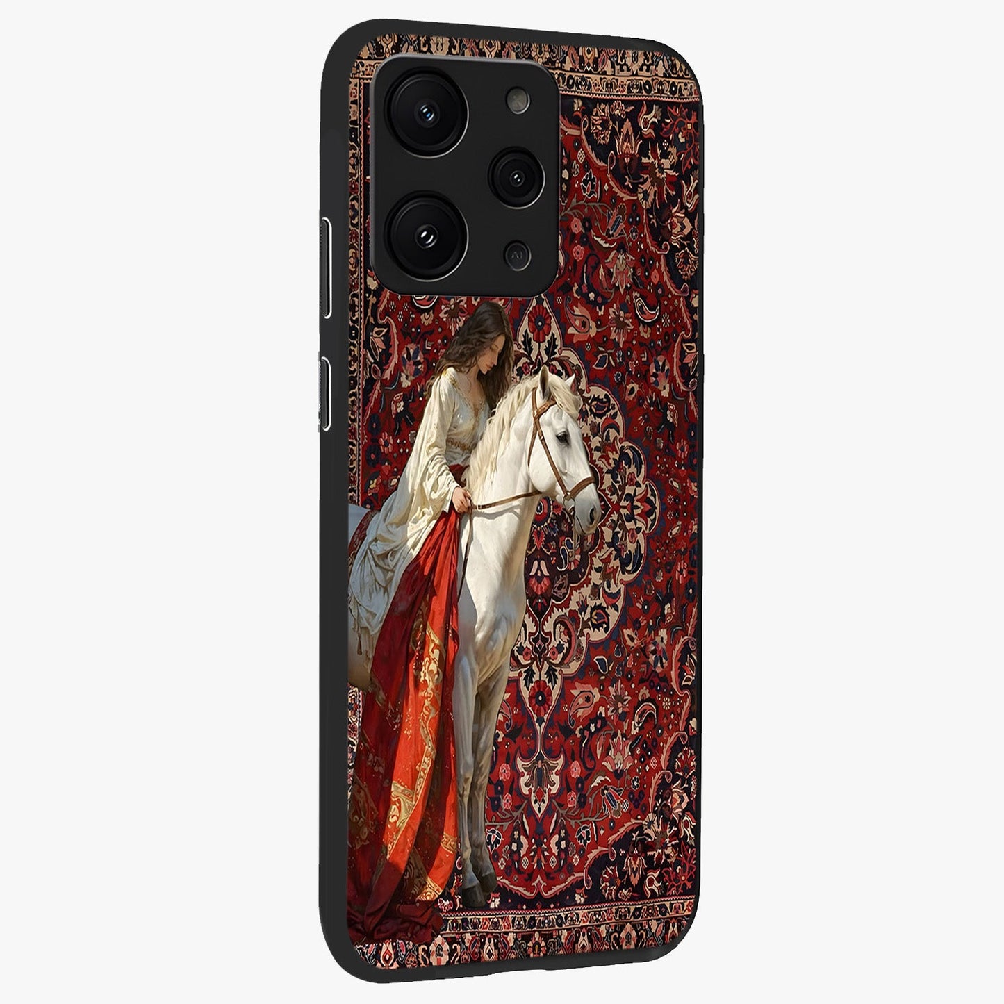 Royal Rider Tapestry Glass Case upright view showcasing detailed rider artwork with classic tapestry theme.