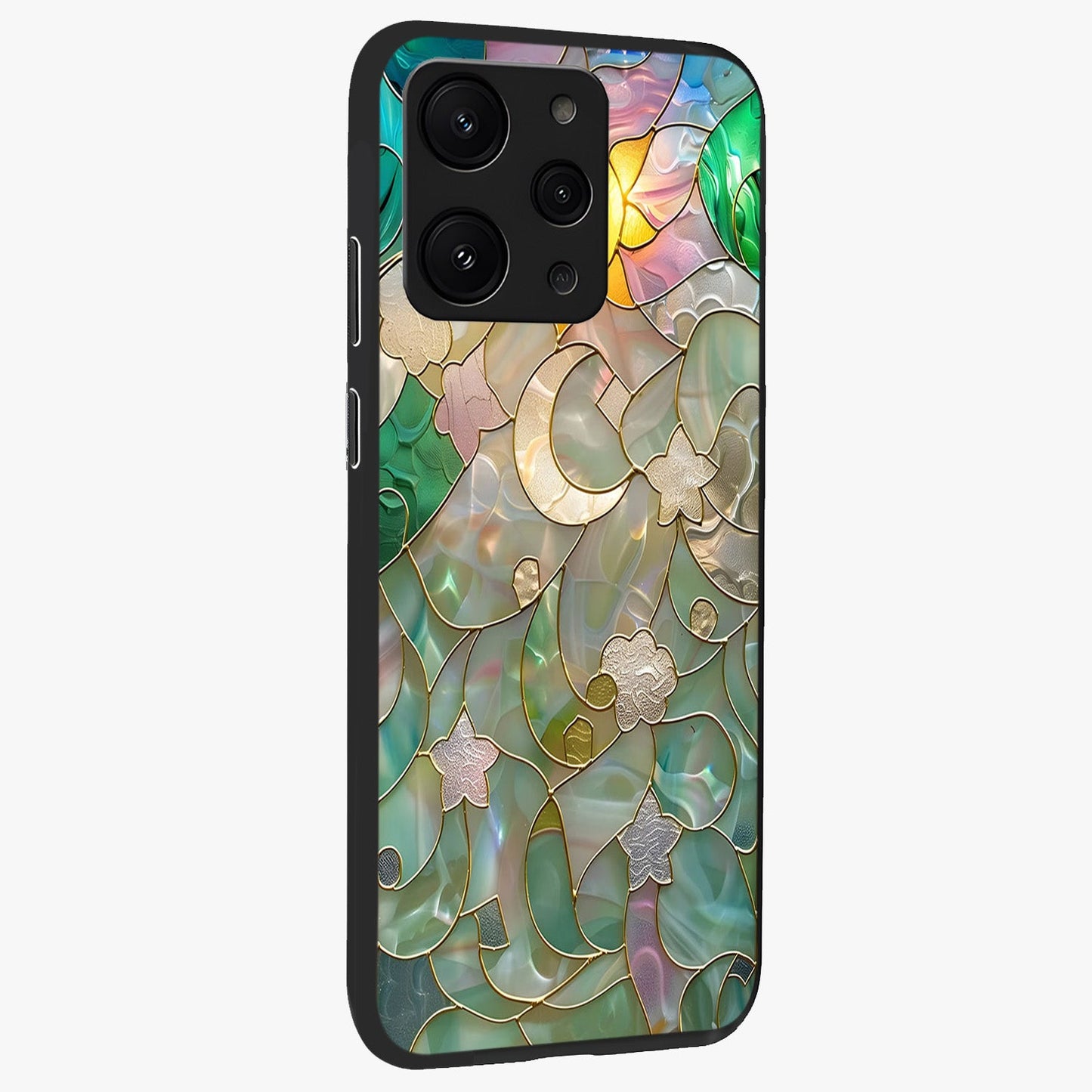 Stained Sunrise Glow Glass Case upright view showcasing colorful sunrise artwork with warm morning theme.