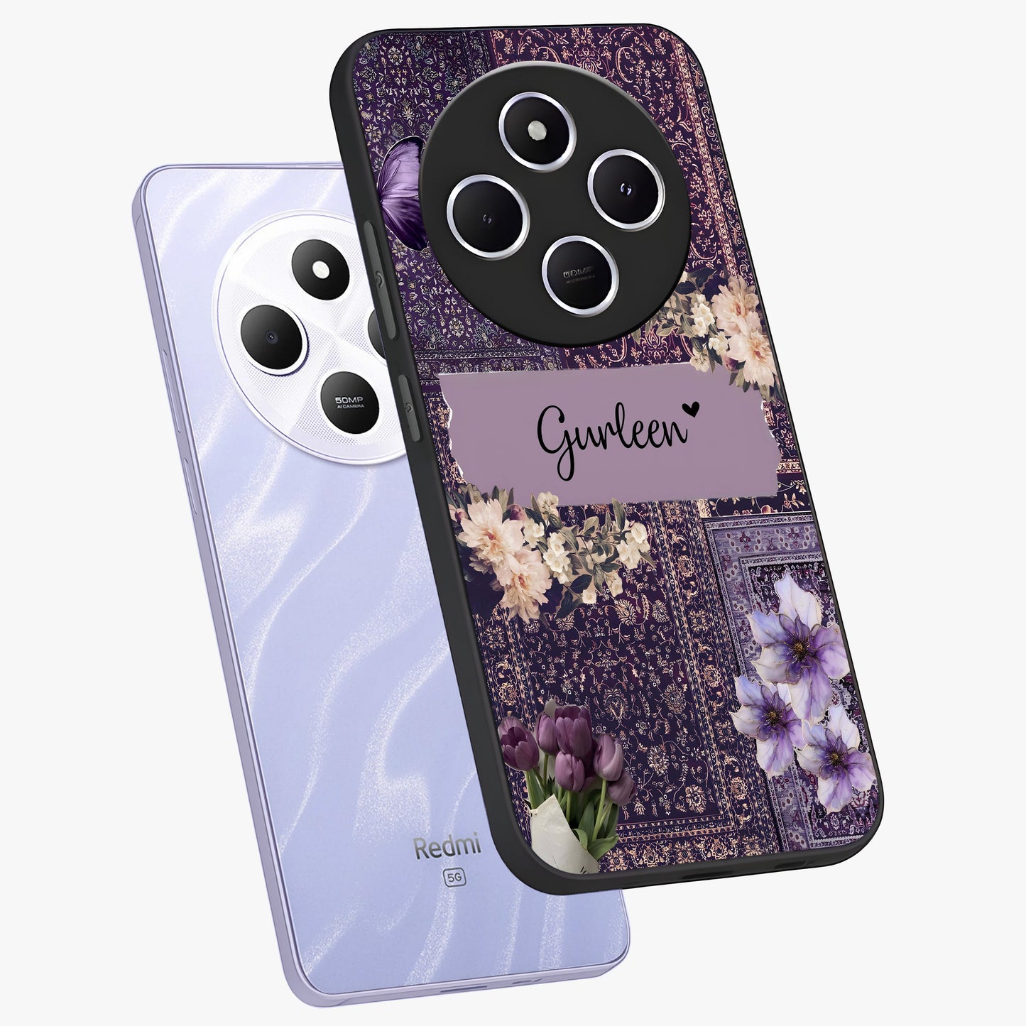 Antique Floral Whisper Custom Name Glass Case displayed in angled mockup highlighting elegant antique floral aesthetic.