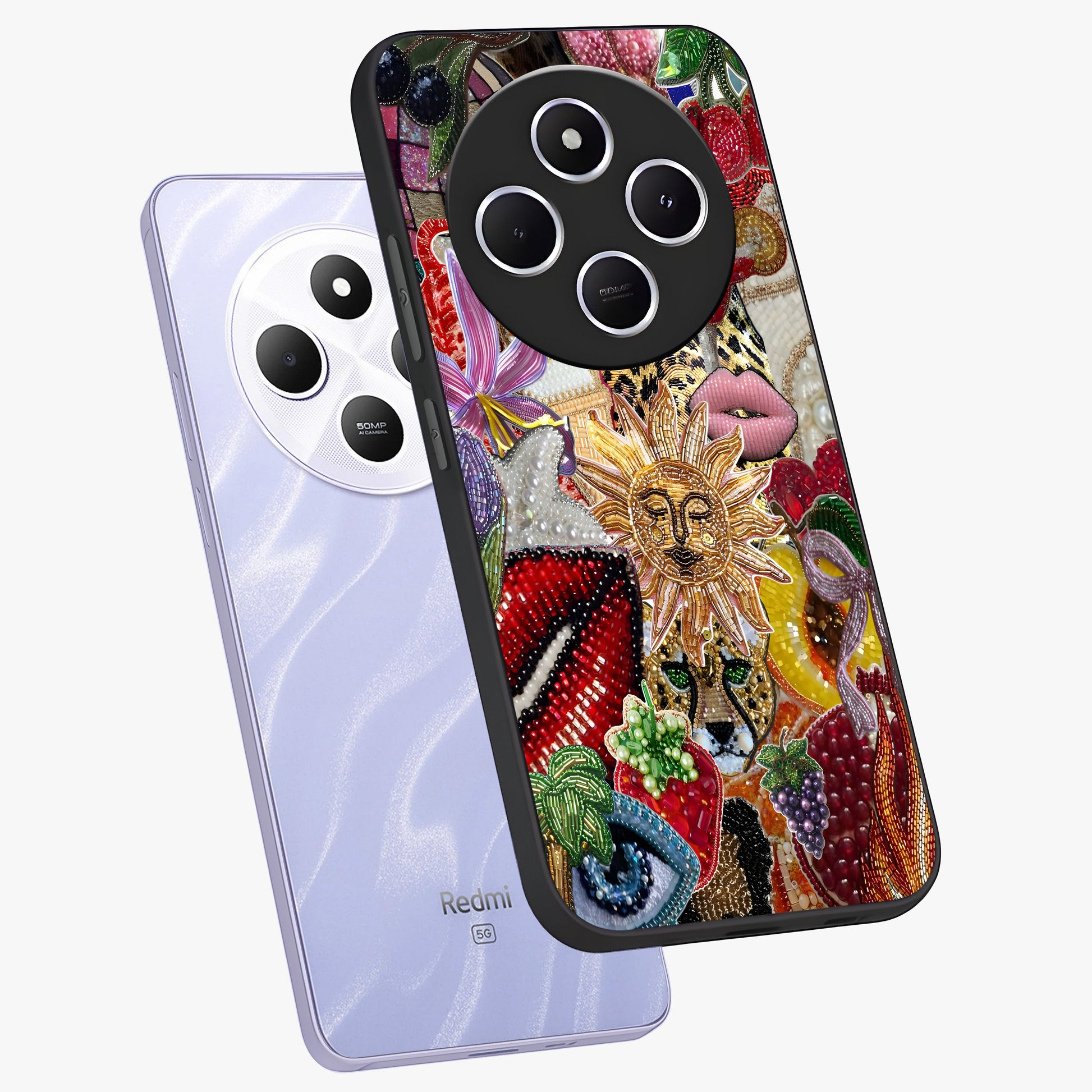 Beaded Fashion Jungle Glass Case displayed in angled mockup highlighting colorful fashion bead design and artistic pattern.