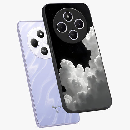 Black Background With White Cloud Glass Case displayed in angled mockup highlighting soft white cloud illustration and minimal design.