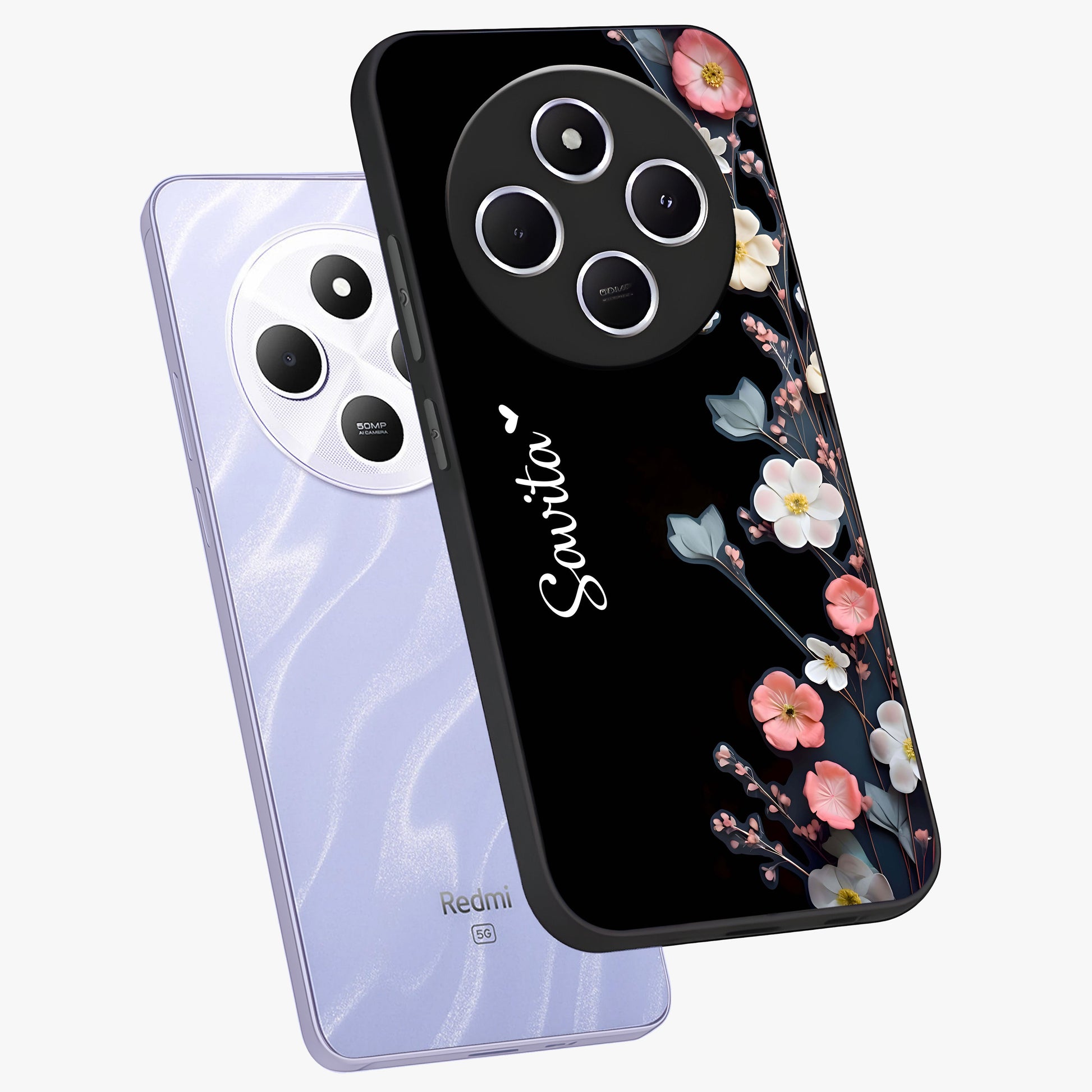 Black Elegance Floral Custom Name Glass Case displayed in angled mockup highlighting dark floral aesthetic and custom name feature.
