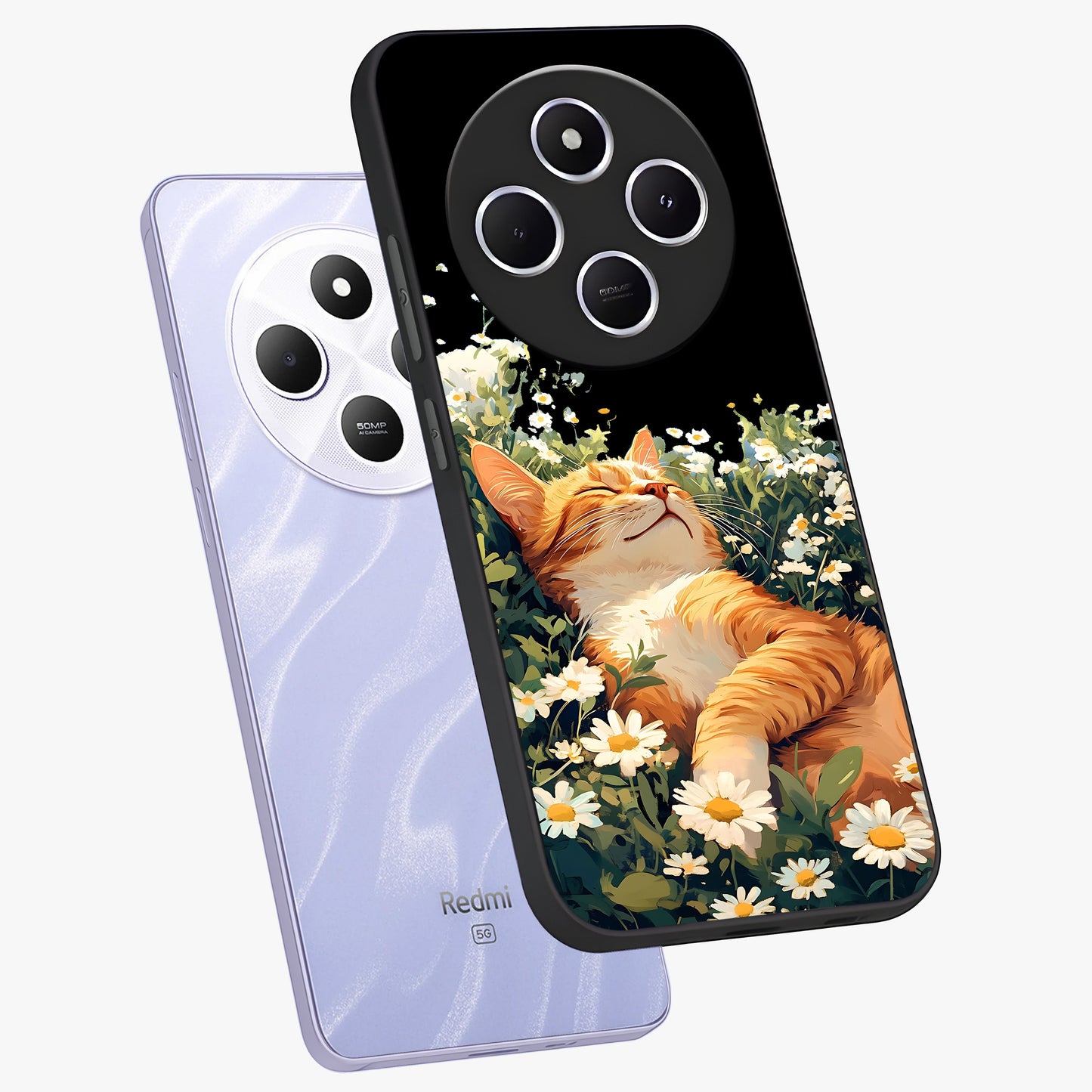 Blissful Bloom Cat Glass Case displayed in angled mockup highlighting playful feline illustration with soft floral aesthetic.