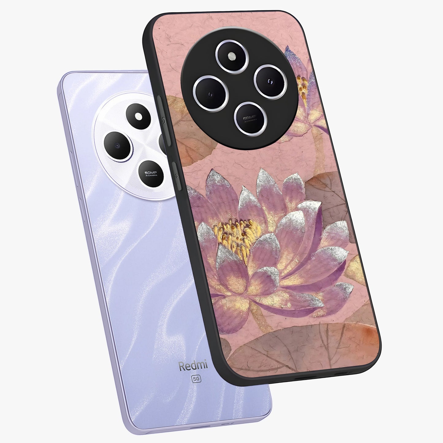 Blossom Mist Lotus Glass Case displayed in angled mockup highlighting delicate lotus illustration with calm aesthetic theme.