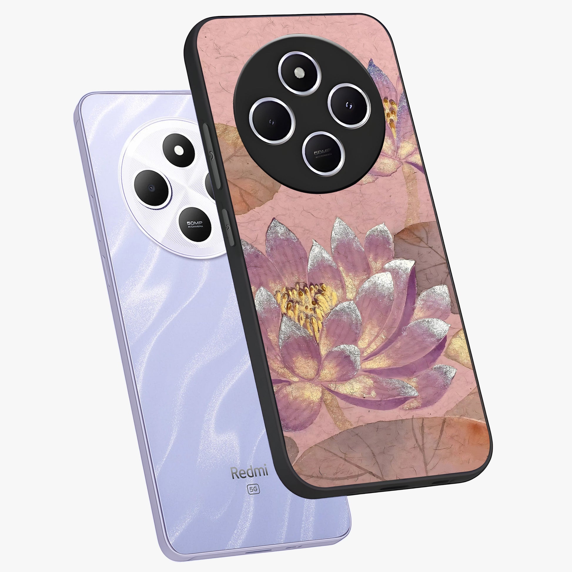 Blossom Mist Lotus Glass Case displayed in angled mockup highlighting delicate lotus illustration with calm aesthetic theme.