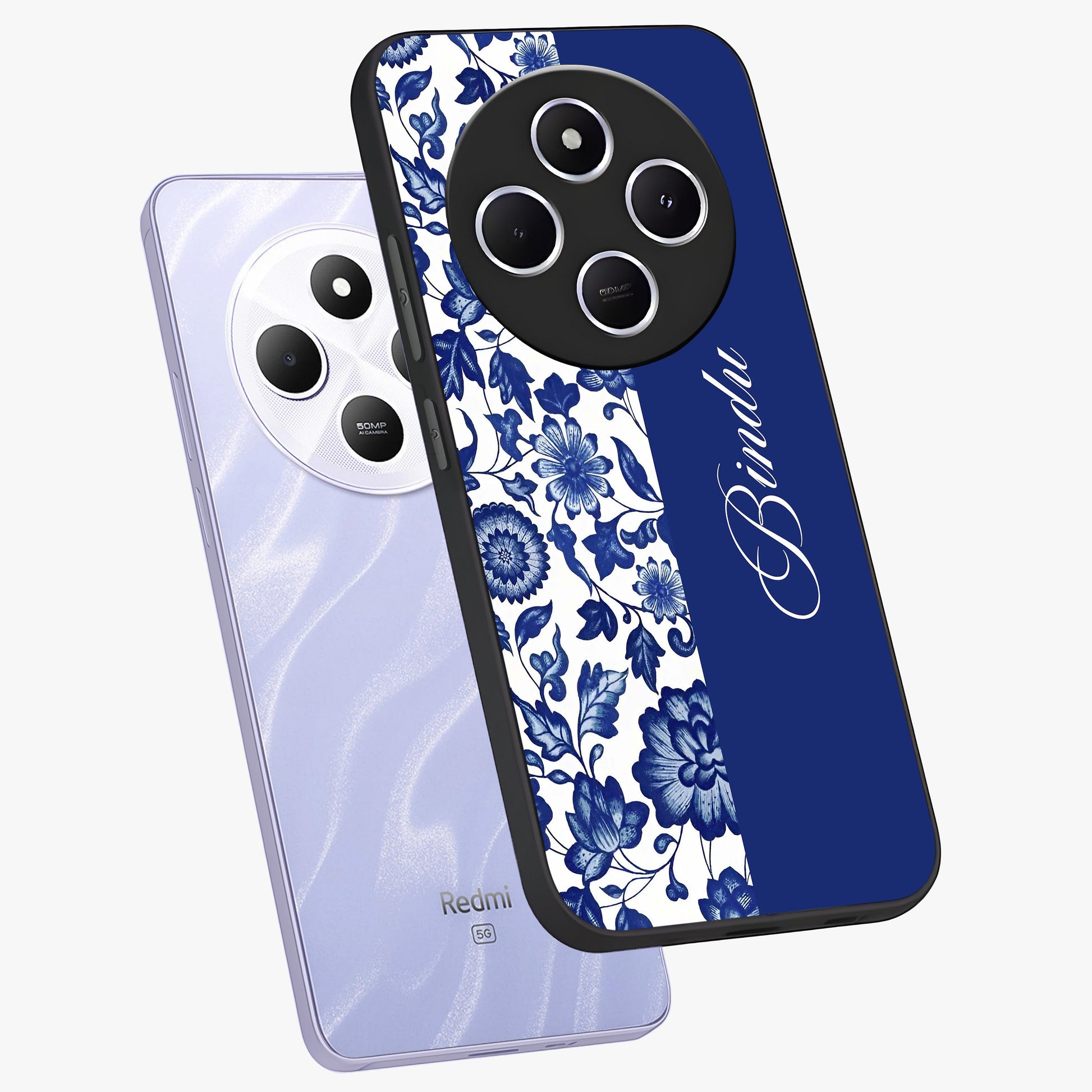 Blue Vintage Floral Pattern Glass Case displayed in angled mockup highlighting subtle bloom pattern with aesthetic pastel design.
