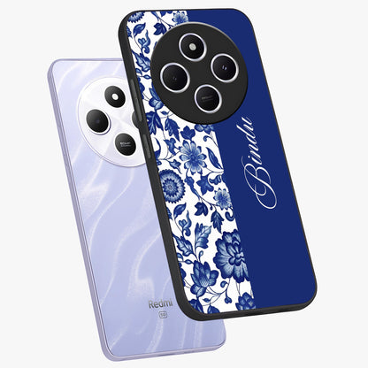 Blue Vintage Floral Pattern Glass Case displayed in angled mockup highlighting subtle bloom pattern with aesthetic pastel design.