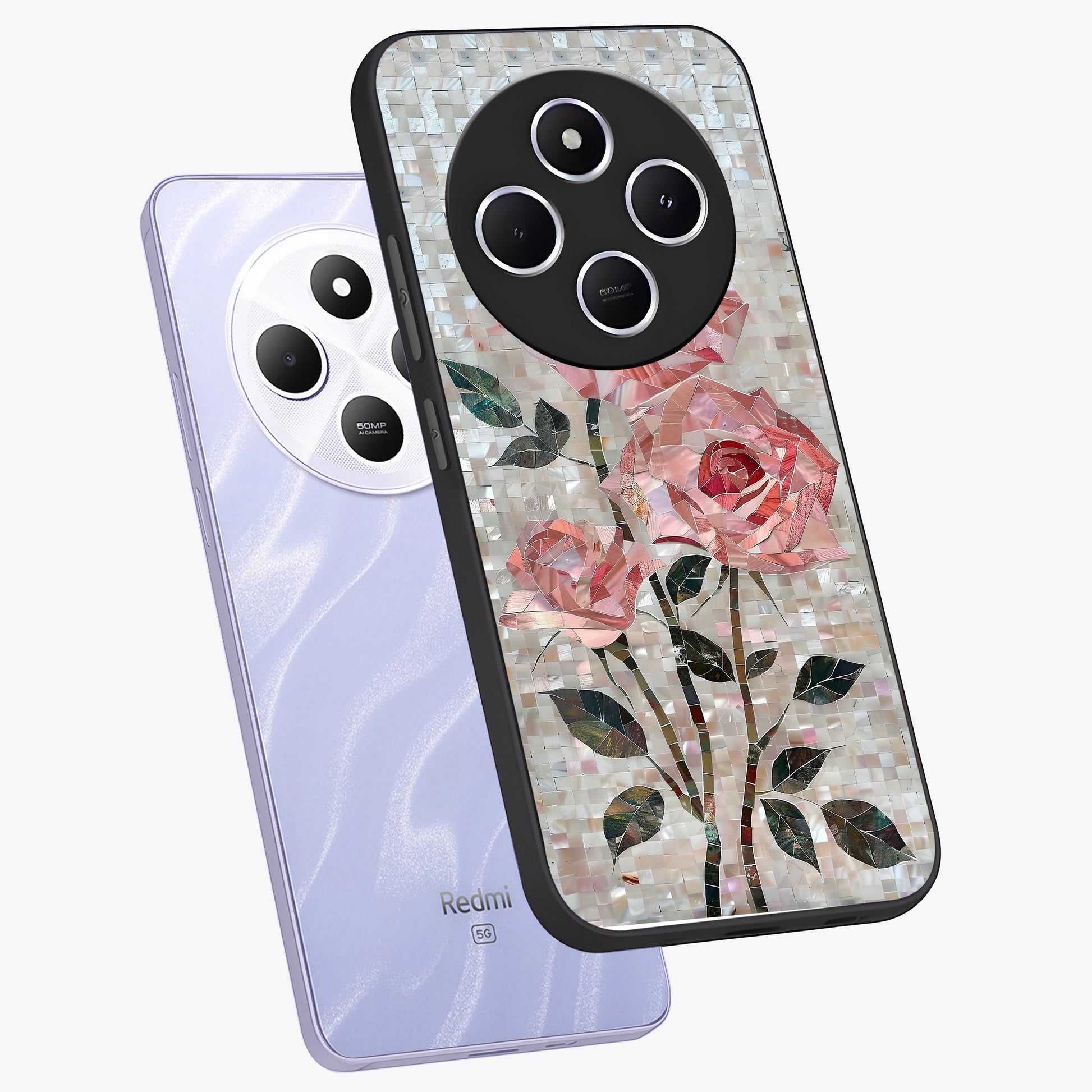 Blush Mosaic Bloom Glass Case displayed in angled mockup highlighting artistic mosaic flower pattern with aesthetic design.