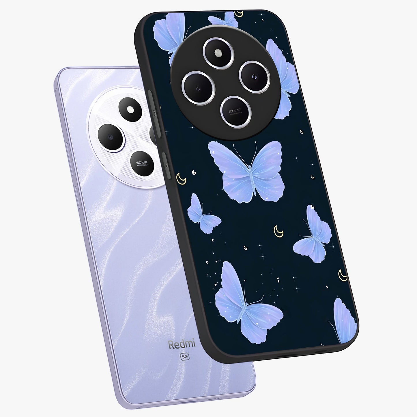 Butterfly With Stars Pattern Glass Case displayed in angled mockup highlighting dreamy butterfly and star design with aesthetic theme.
