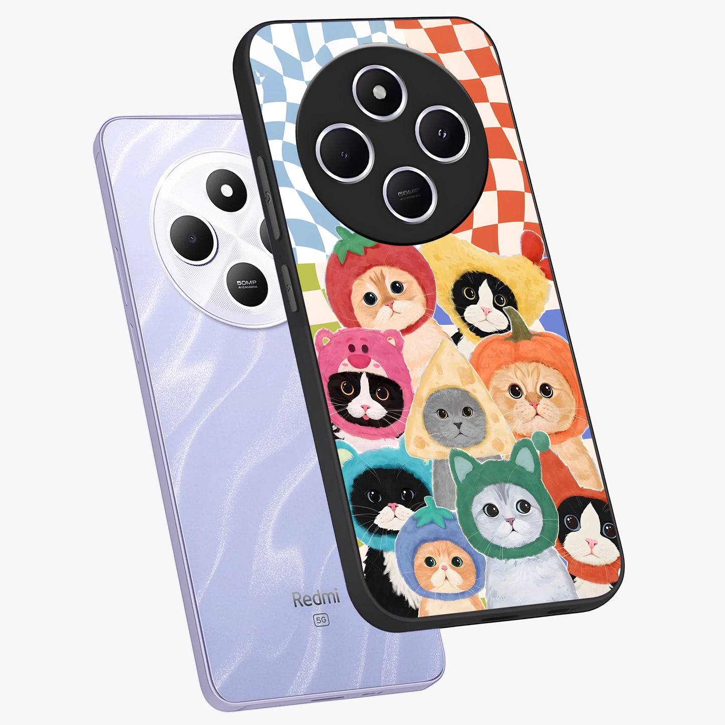 Cats in Fruits Glass Case displayed in angled mockup highlighting cute feline fruit design with colorful aesthetic style.