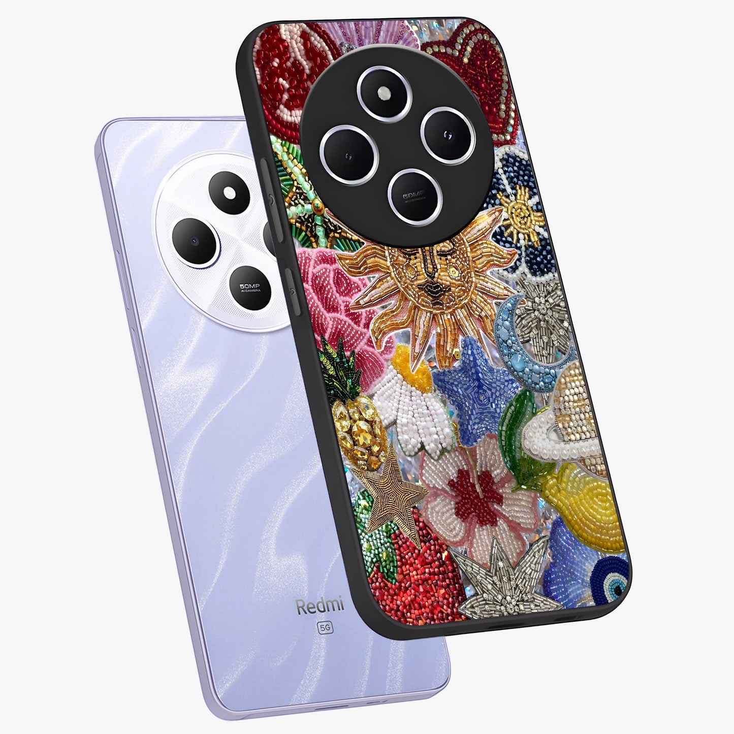 Celestial Floral and Playful Glass Case displayed in angled mockup highlighting playful floral design with dreamy celestial elements.