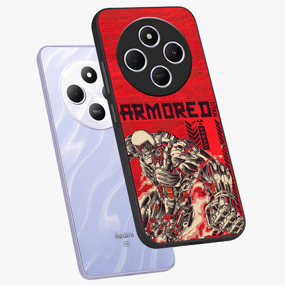 Crimson Mecha Titan Glass Case displayed in angled mockup highlighting futuristic mech illustration with bold crimson aesthetic.