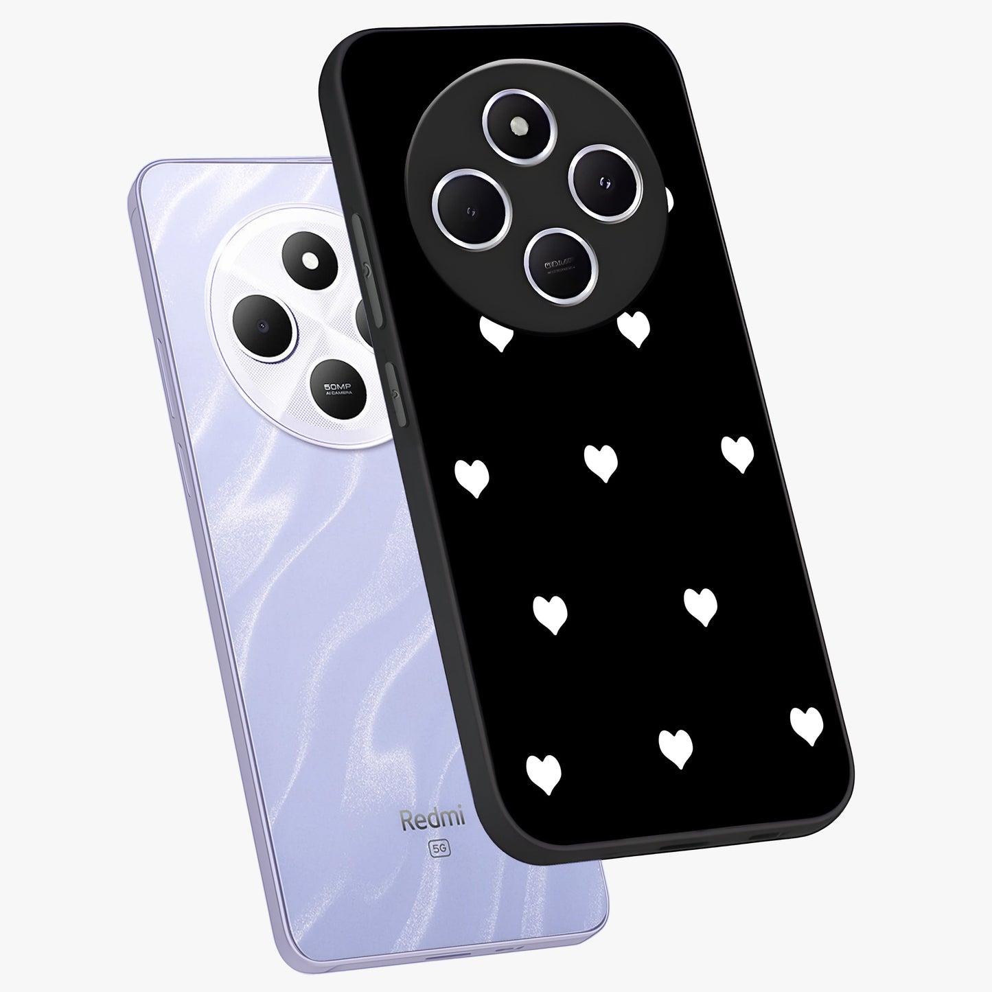 Cute And Simple White Hearts Glass Case displayed in angled mockup highlighting cute heart design with clean aesthetic style.