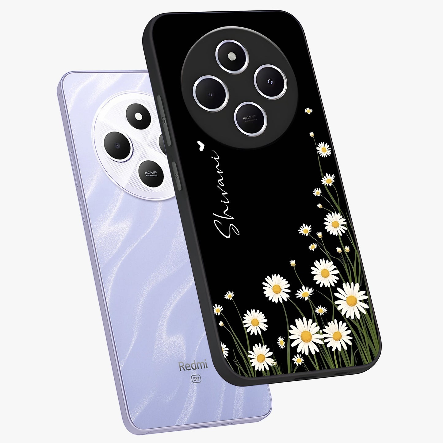 Daisy Cascade Custom Name Glass Case displayed in angled mockup highlighting delicate daisy artwork with custom name feature.