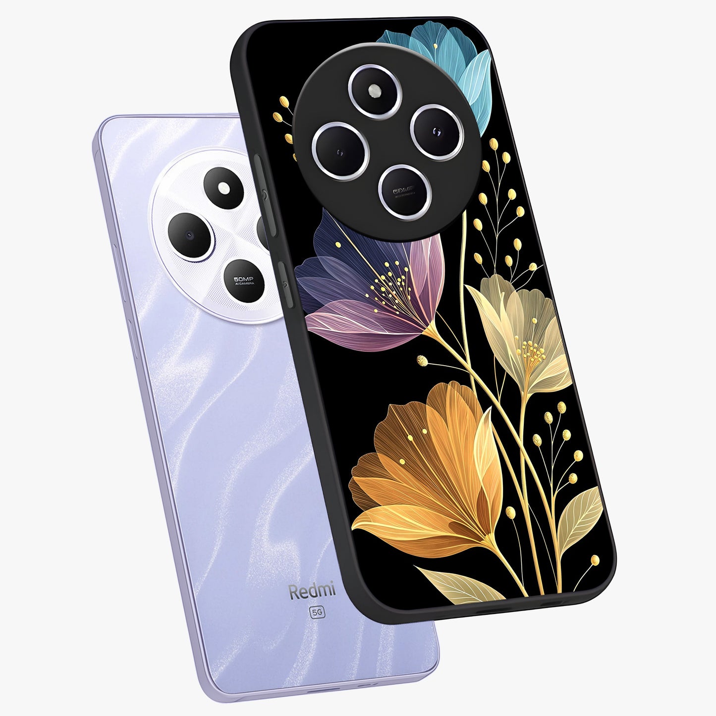 Delicate Multicolor Flowers Glass Case displayed in angled mockup highlighting colorful flower pattern with soft aesthetic style.