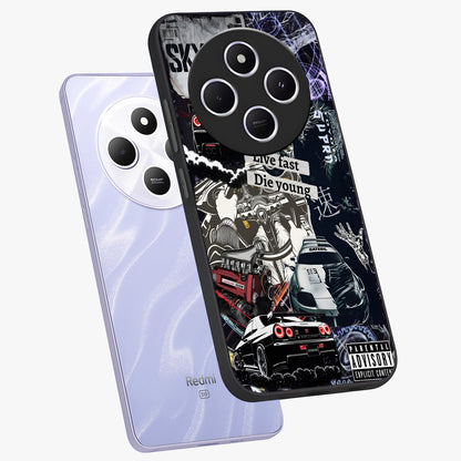 Die Young Glass Case displayed in angled mockup highlighting expressive graphic artwork with edgy aesthetic style.