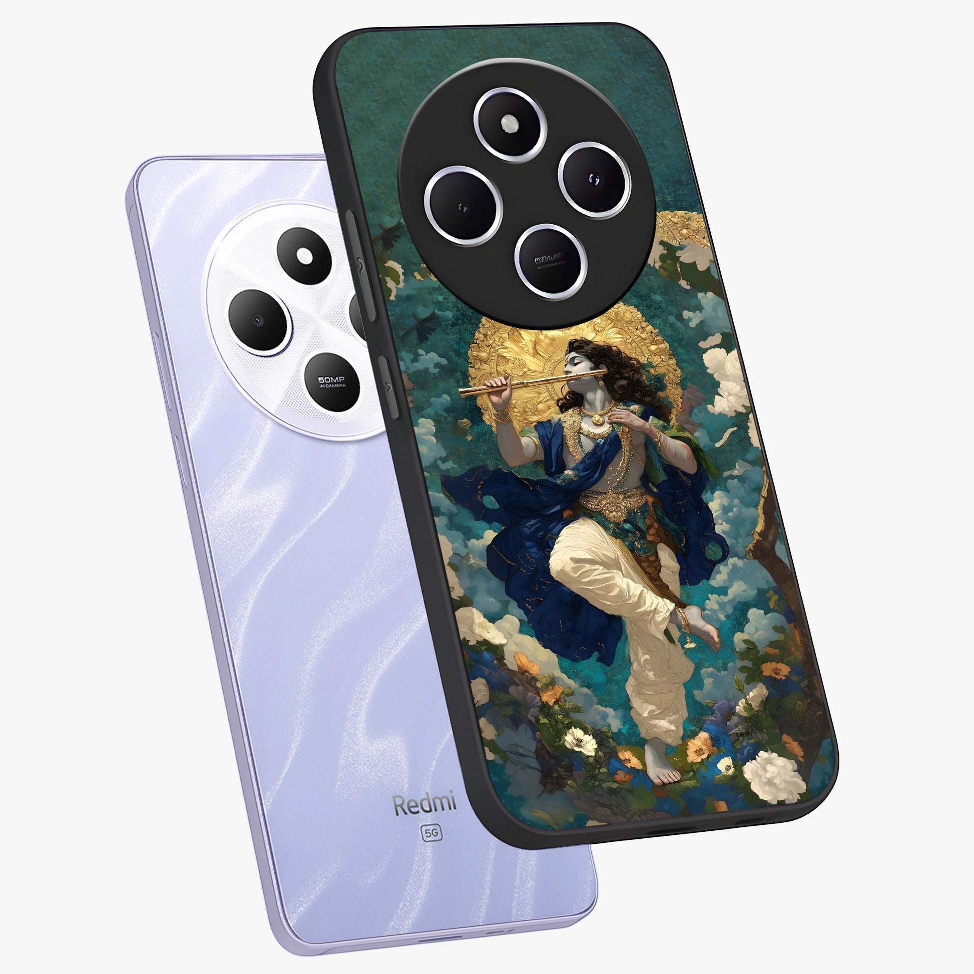Divine Krishna Art Glass Case displayed in angled mockup highlighting spiritual Krishna illustration with devotional aesthetic.