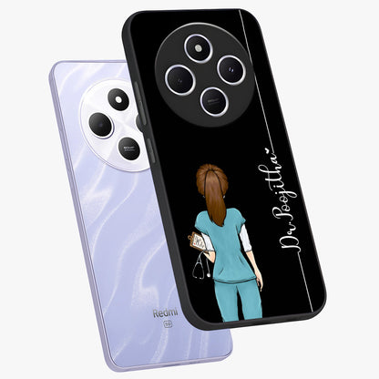 Doctor Pattern Custom Name Glass Case displayed in angled mockup highlighting doctor inspired artwork with custom name feature.