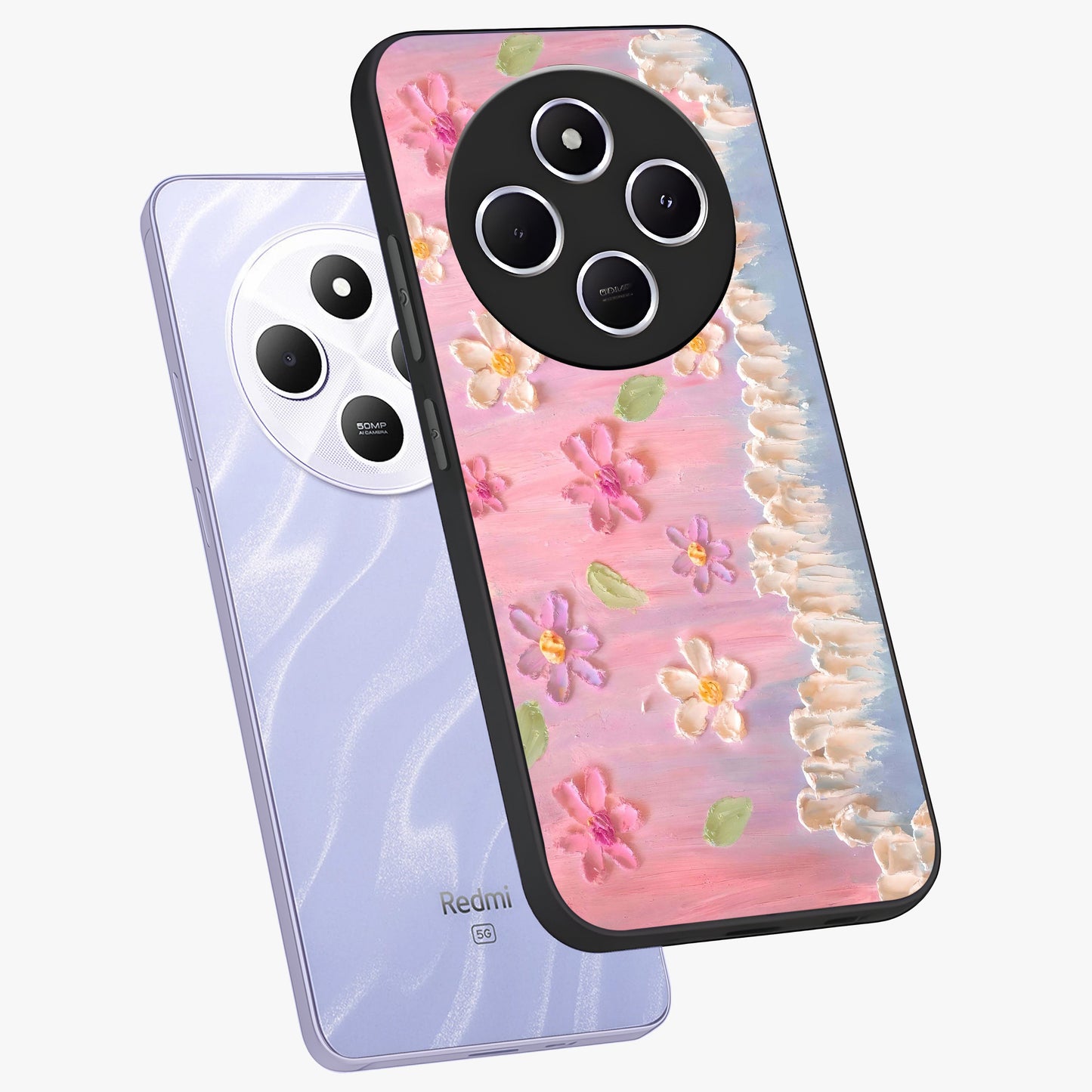 Dreamy Painted Garden Glass Case displayed in angled mockup highlighting colorful garden illustration with dreamy aesthetic style.