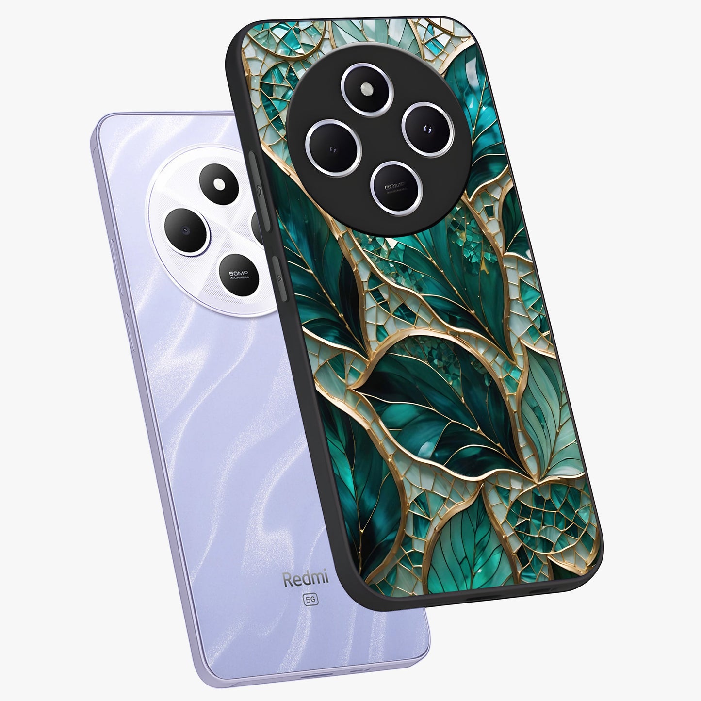 Emerald Leaf Glass Glass Case displayed in angled mockup highlighting botanical leaf illustration with elegant natural aesthetic.