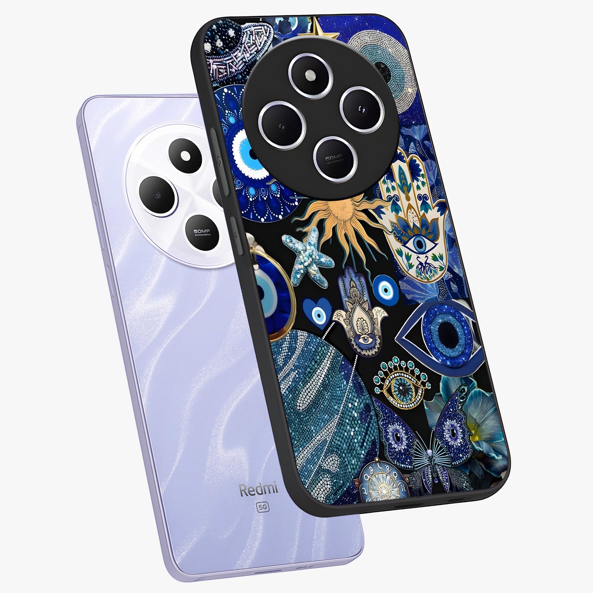 Evil Eye Charm Mix Glass Case displayed in angled mockup highlighting protective evil eye symbols with spiritual aesthetic design.